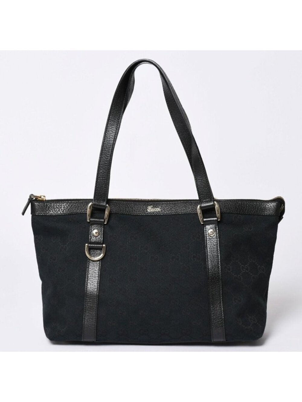 Gucci Abbey Line GG Canvas Tote Black Handbag D Ring Leather Gold